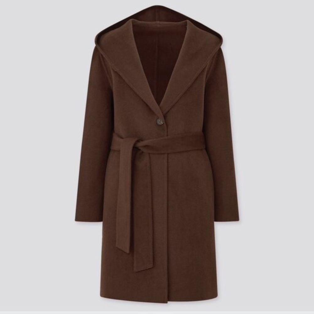 Uniqlo Wool Blend Lightweight Dark Brown Hooded Coat Elegant Women's Coat small